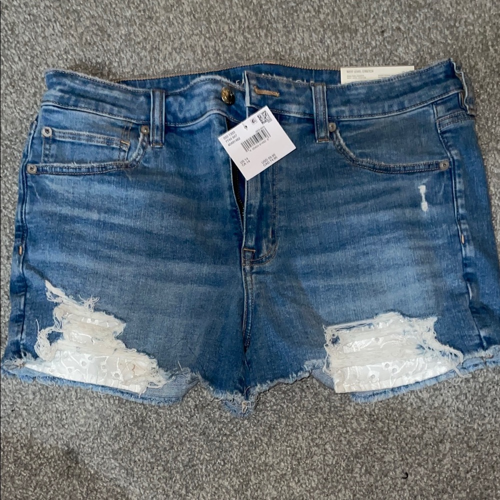 American Eagle Blue Distressed Denim High Rise Shortie Shorts
